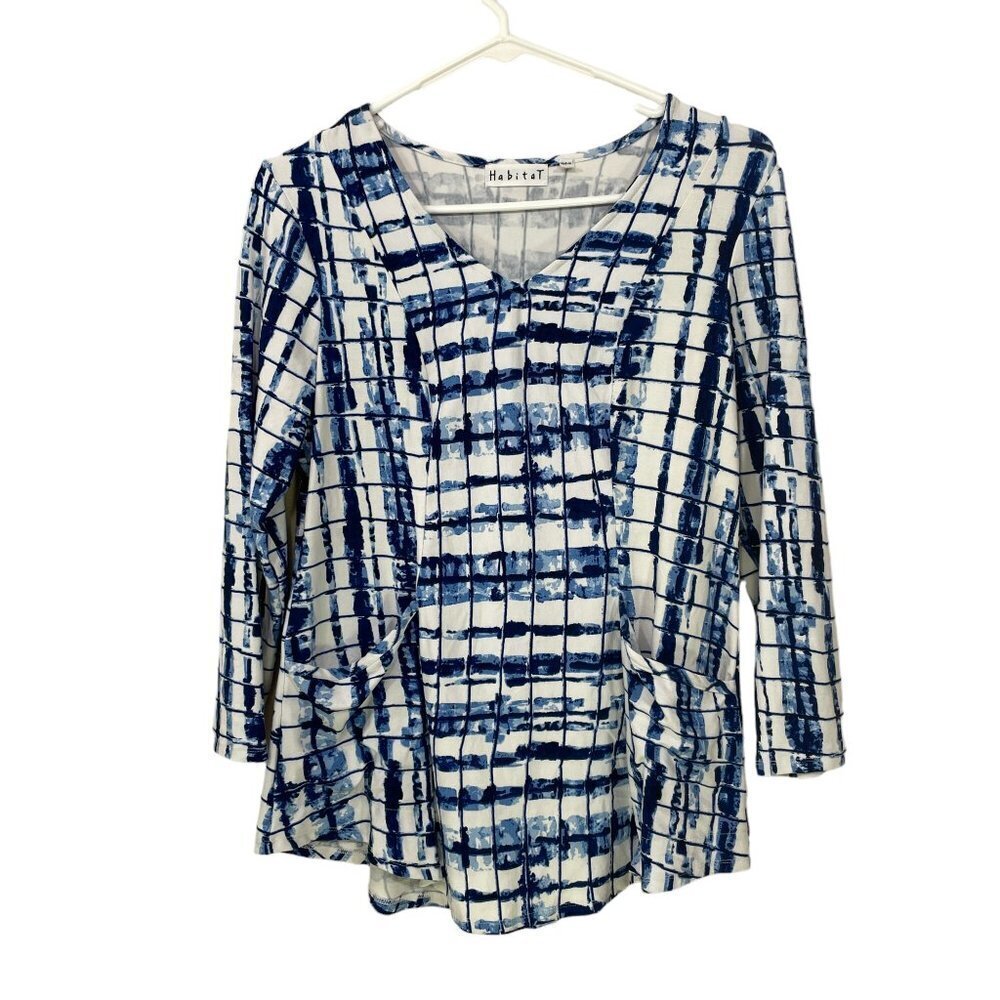 Habitat Womens Tunic Top Size S Blue Abstract Stretchy Rayon Pockets Long Sleeve